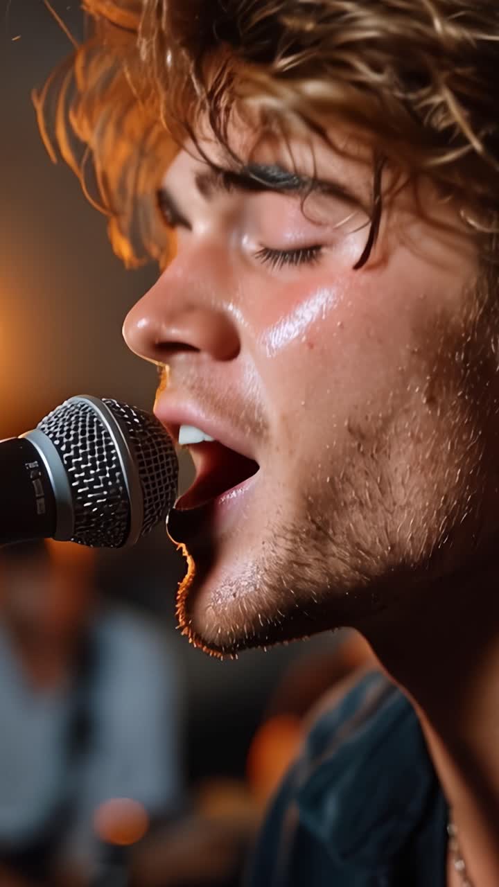 A passionate singer delivers an emotional performance on stage, fully engaged as he sings into a microphone, capturing the audience's attention and admiration