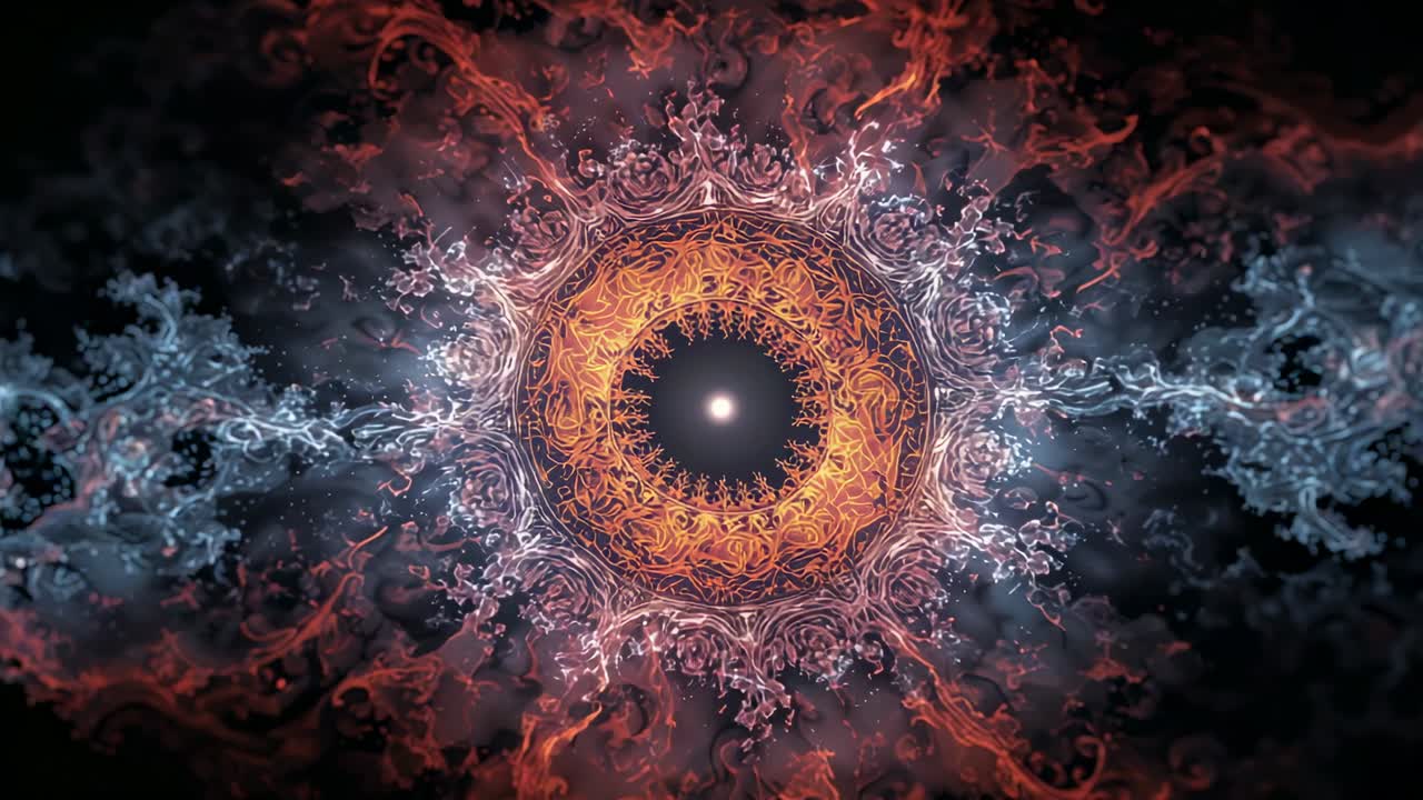 Starting pulsing central dot drifting orange ring and white-red tendrils in void, forming mandala