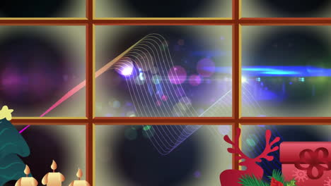 christmas concept icons and window frame against digital wave and spots of light on blue background