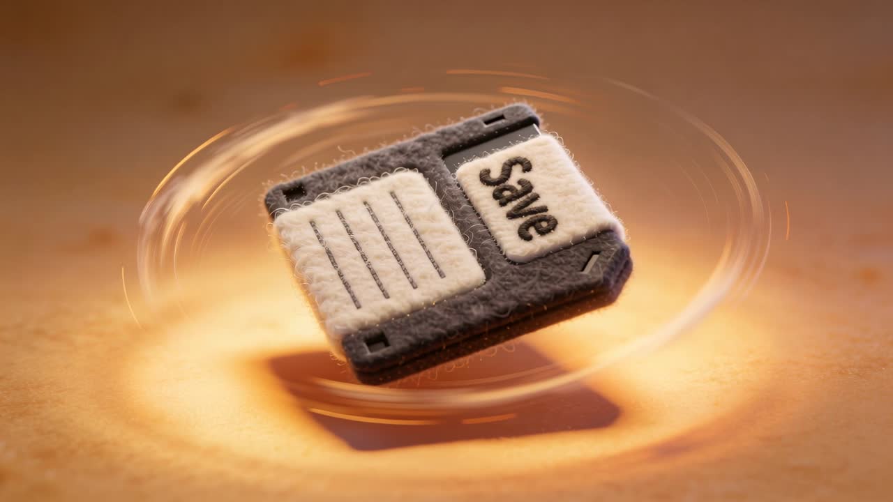 Spinning felt disk Save icon with raised label hovering above warm tabletop, with light ring