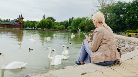 mujer con teléfono alimentando cisnes