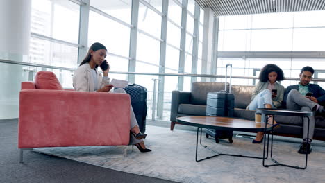 communication, business and woman at airport