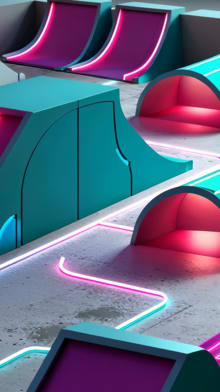 Vídeo vertical: câmera inclinando-se para cima em um corredor, recuando para revelar rampa iluminada com neon e tobogãs rosa