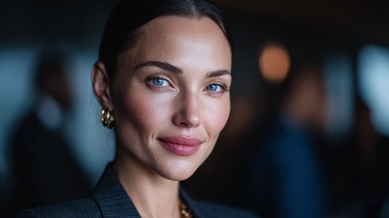 Fængslende nærbillede af en selvsikker person med slående blå øjne og elegant styling i et dynamisk socialt miljø