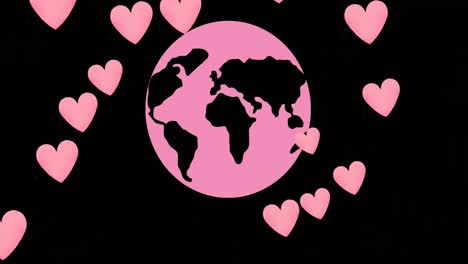 Animation-of-hearts-falling-over-pink-globe-on-black-background