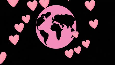animation of hearts falling over pink globe on black background