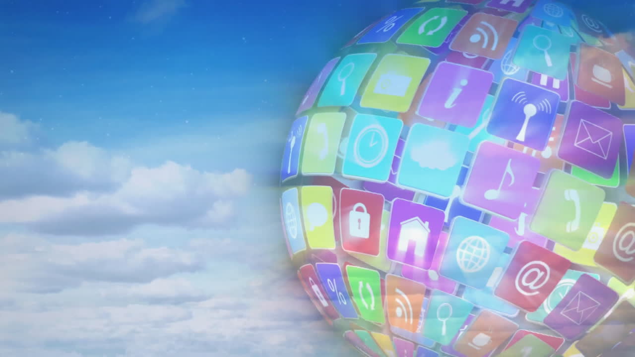 Animazione di globo formato da icone digitali su sfondo nuvoloso