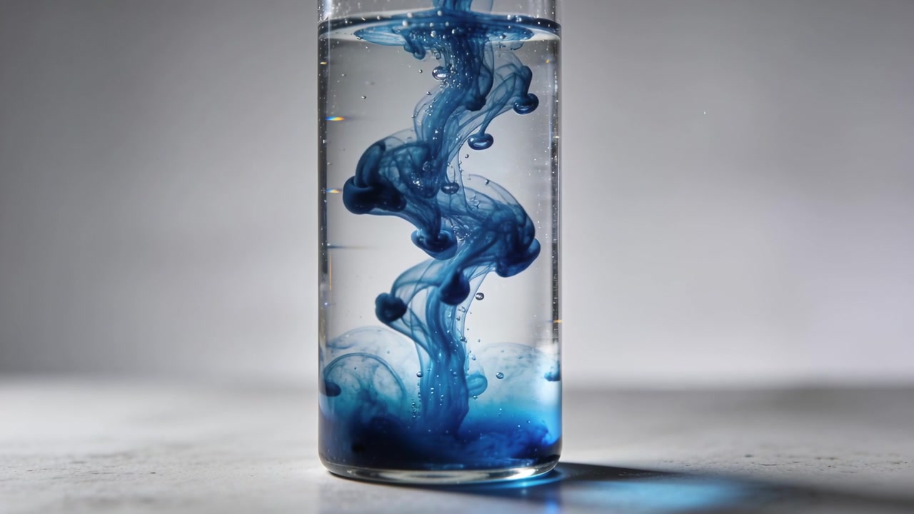 Introducing dye, blue plume forming in tall glass of clear water on tabletop, showing mixing