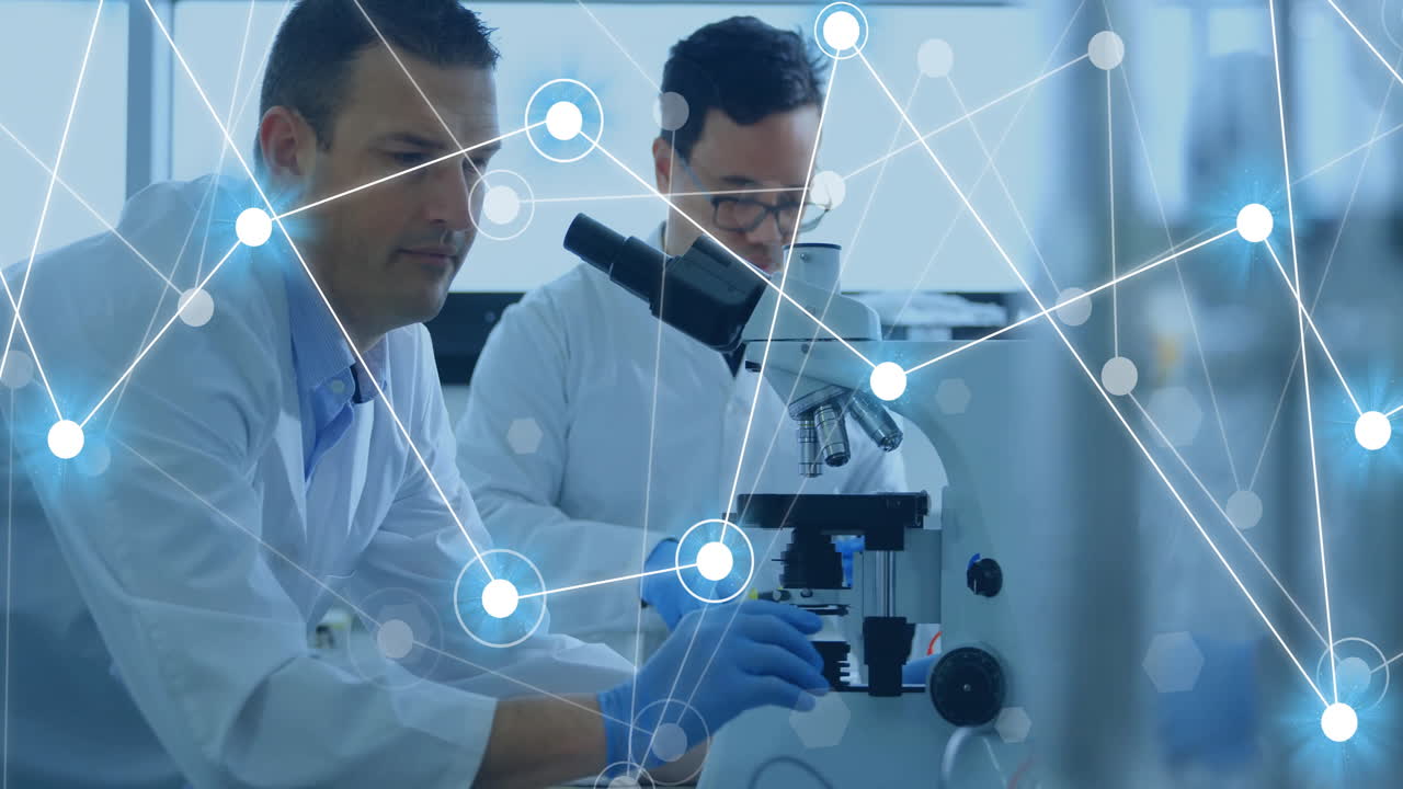 animación de la red de conexiones entre diversos científicos masculinos que trabajan en el laboratorio