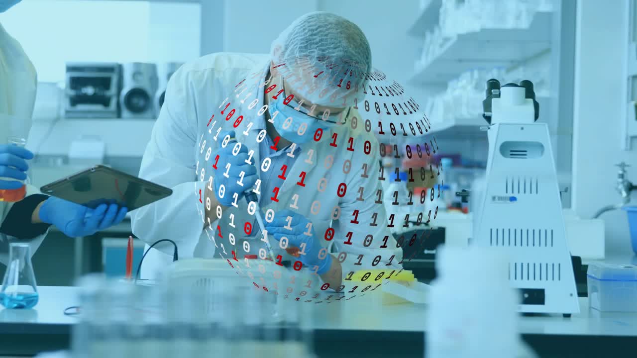 Left lab tech showing tablet and causing 01 sphere growing while male tech pipetting saving data