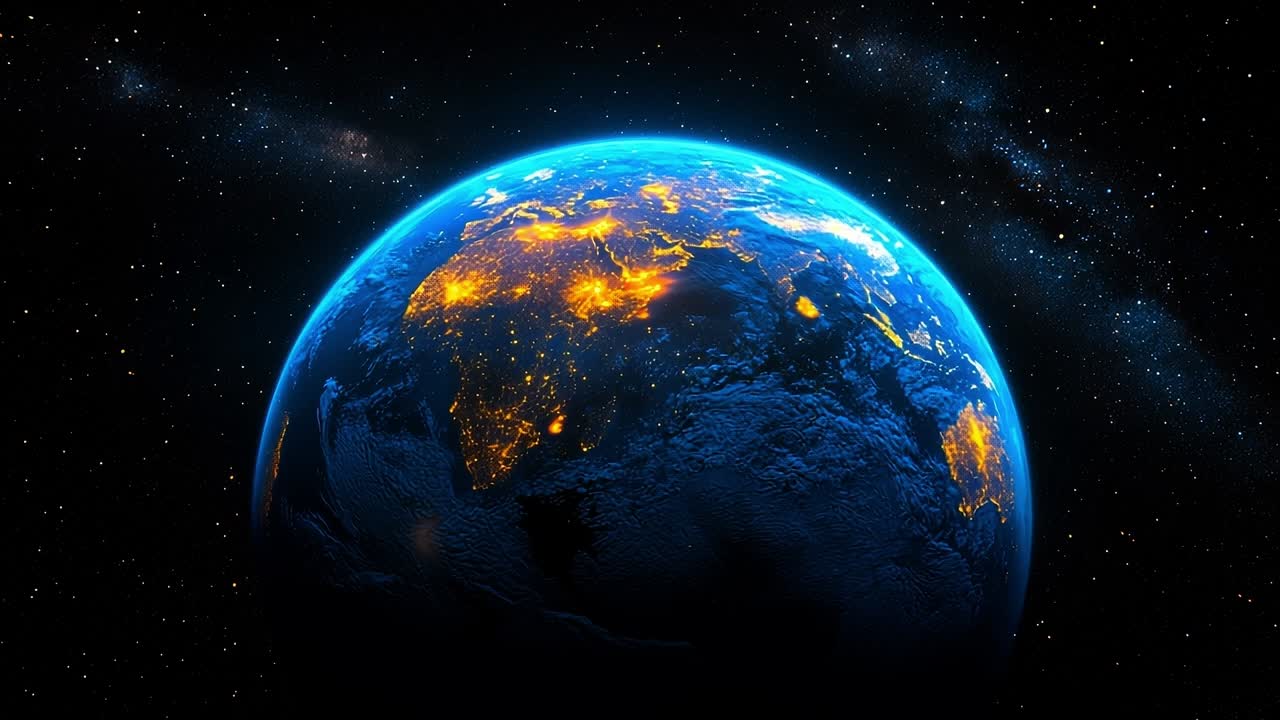 City lights glow on Earth at night. Nighttime view of Earth showcasing city lights across continents against a starry backdrop of space.