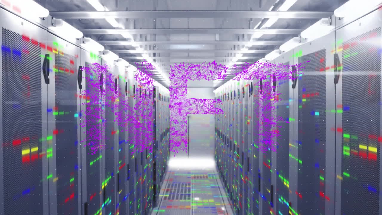 Digital NFT text animation over futuristic data center with colorful lights