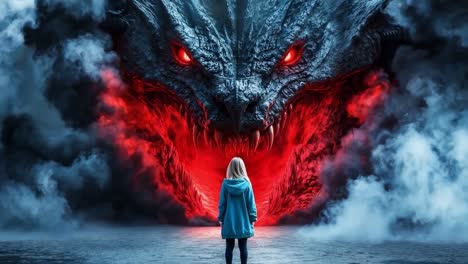 a woman standing in front of a giant dragon with red eyes