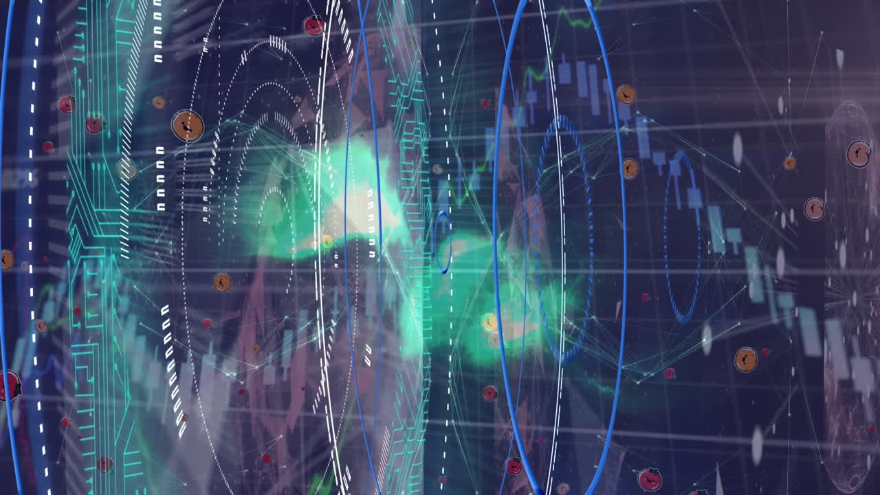 animazione del globo, icone cadenti, dati, grafici e rete di connessioni.