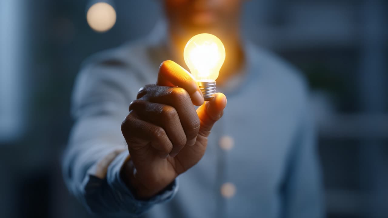 A person holds a glowing light bulb, symbolizing ideas, innovation, and inspiration in a softly lit environment, representing creativity and the power of thought