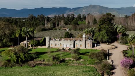 Lihueimo-Castle-with-Mountains-in-Background-O´Higgins-Region,-Chile