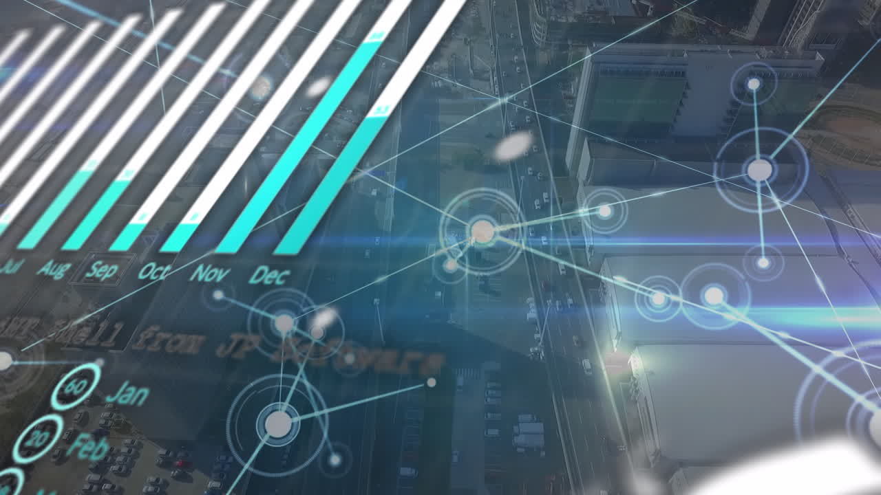 도시 풍경에 대한 연결 네트워크와 함께 디지털 인터페이스와 그래프의 애니메이션