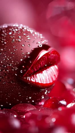 a red chocolate ball with a fake lip on it. the lip is made of chocolate and is placed on top of a red surface. the chocolate ball is surrounded by other chocolate balls, creating a visually appealing