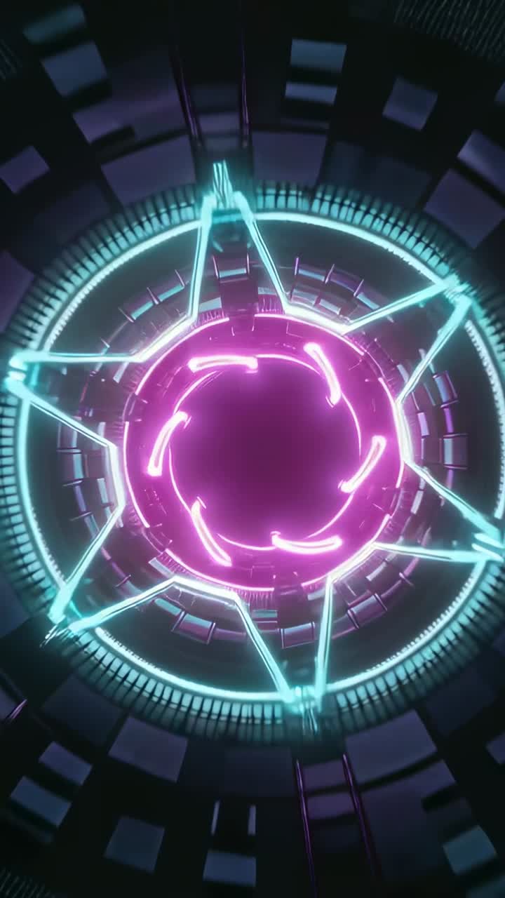 Video verticale: Nucleo magenta pulsante che emette raggi ciano in un hub reattore, formando una stella e mostrando blocchi.