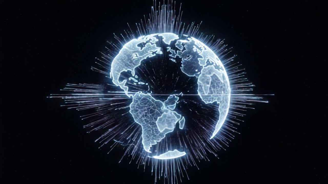 A Stunning 3D Visualization of Earth Highlighting Global Connections with Dynamic Light Rays and Geometric Patterns Representing Data and Network Structures