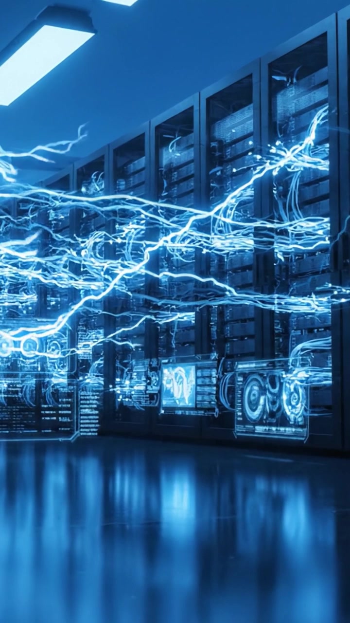 A Visual Journey Through a Data Center: Exploring High-Tech Server Racks with Monitors Displaying Dynamic Energy Waves and Connectivity in a Blue Tone Setting