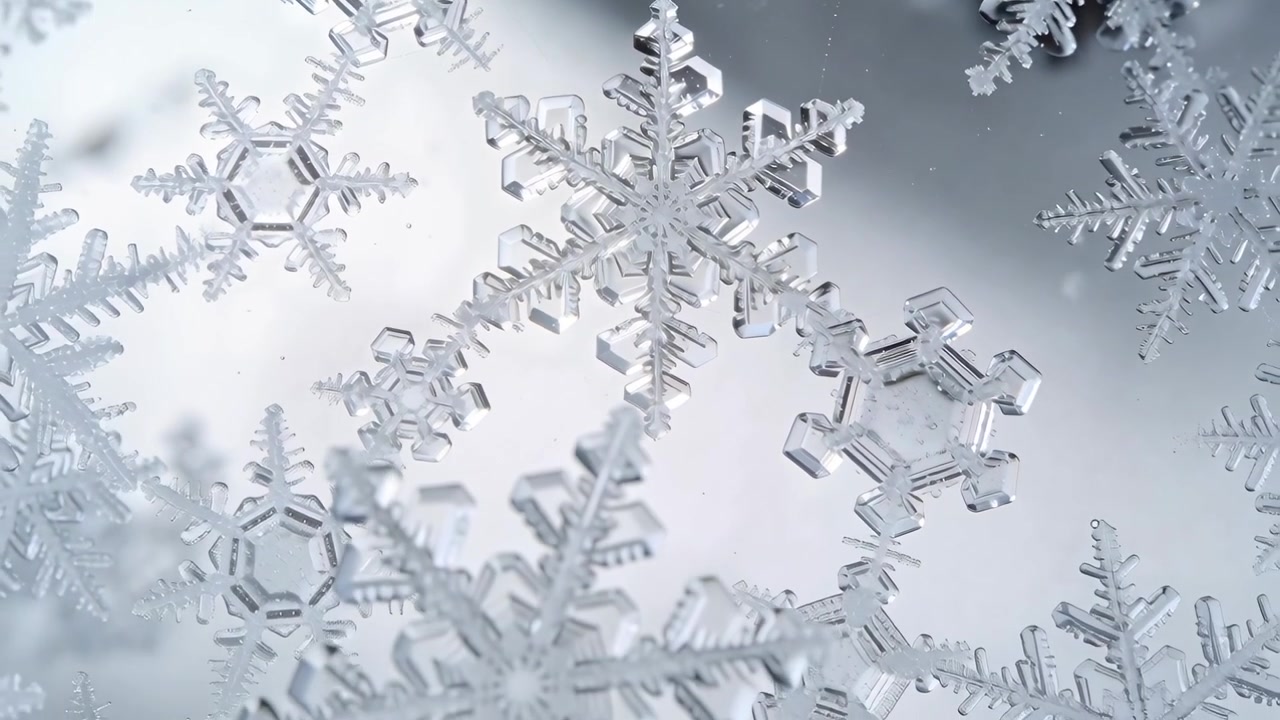 La telecamera si sposta, rivelando un fiocco di neve esagonale centrale che ruota in macro, con fiocchi che fluttuano.