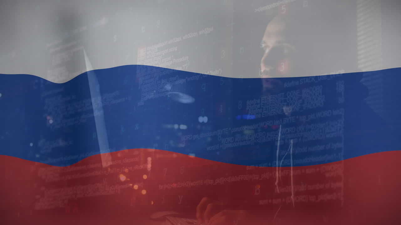 Animation af kaukasisk mandlig hacker over Ruslands flag