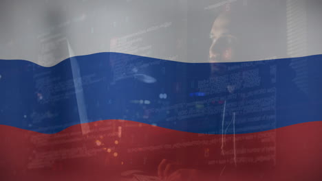 animation of caucasian male hacker over flag of russia