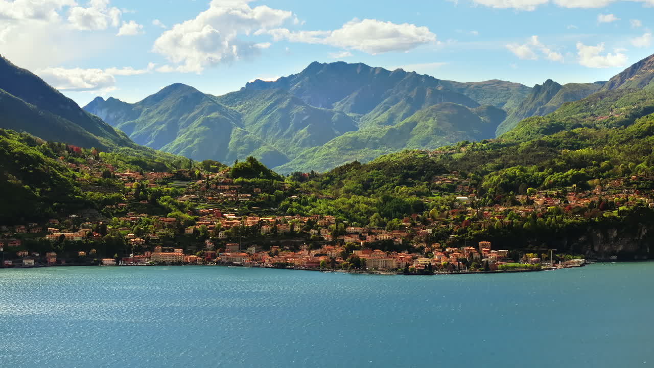 Aerial drone view of the village Bellagio on the shore of Lake Como, Italy