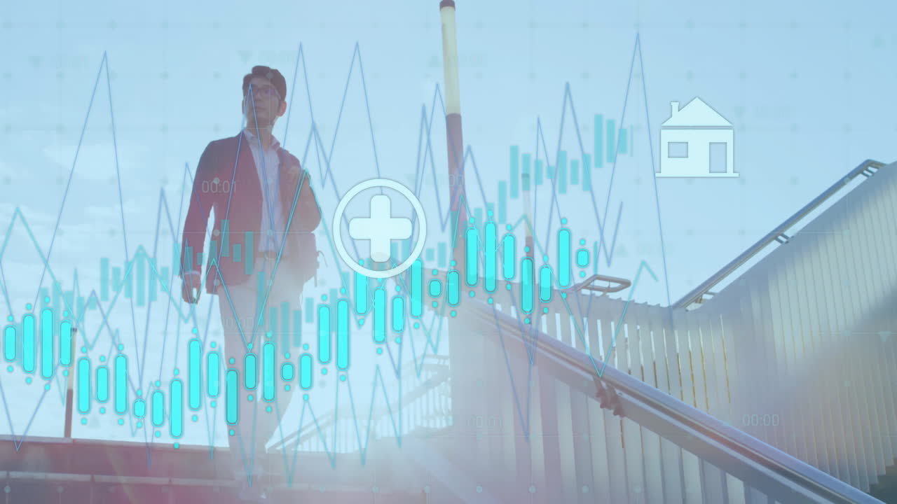 animación del procesamiento de datos financieros sobre el hombre de negocios asiático caminando por las escaleras