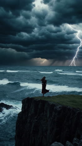 stormy seascape with woman on cliff