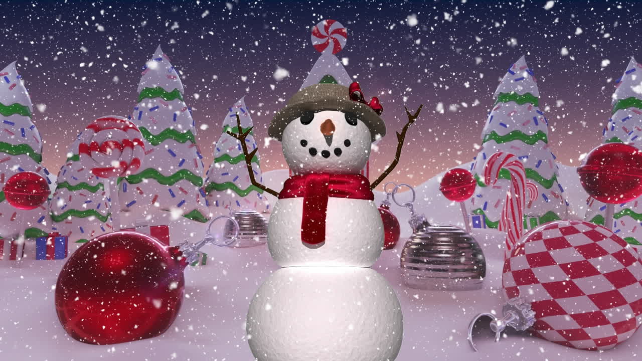 nieve cayendo sobre el muñeco de nieve ondeando en el paisaje de invierno