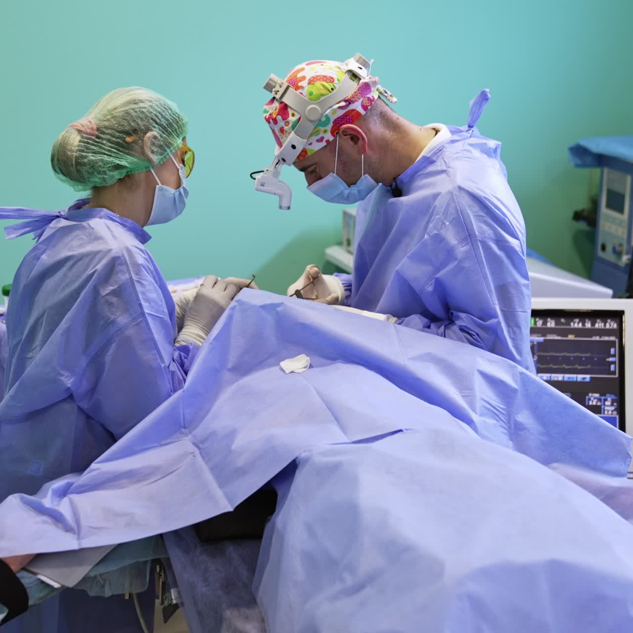 Doctors stand at the head of the patient performing operation. Medical equipment working behind the surgeon