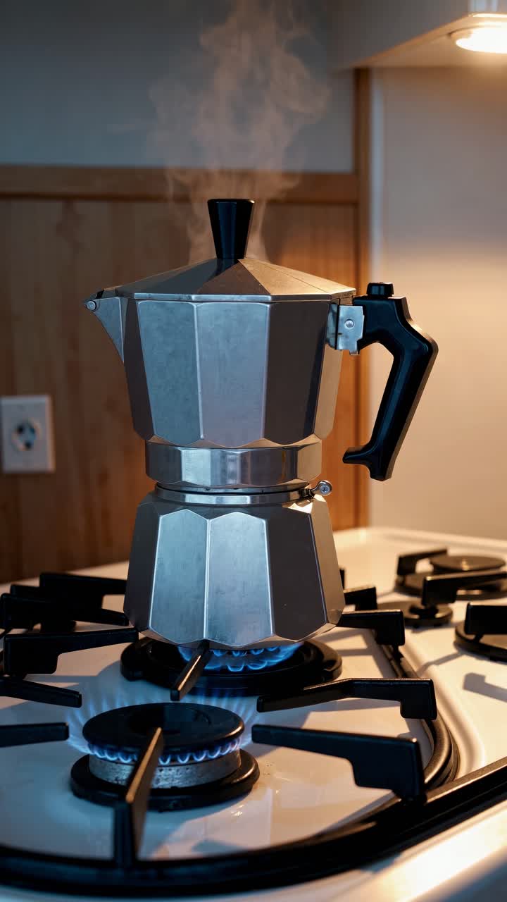 Fotograma de un vídeo de una cafetera exprés sobre un hornillo de gas