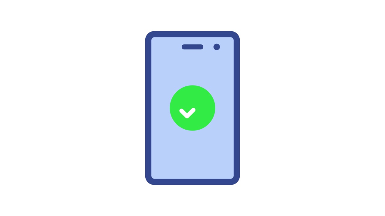 Animazione dell'icona di spunta verde sullo schermo dello smartphone, isolata su sfondo bianco.