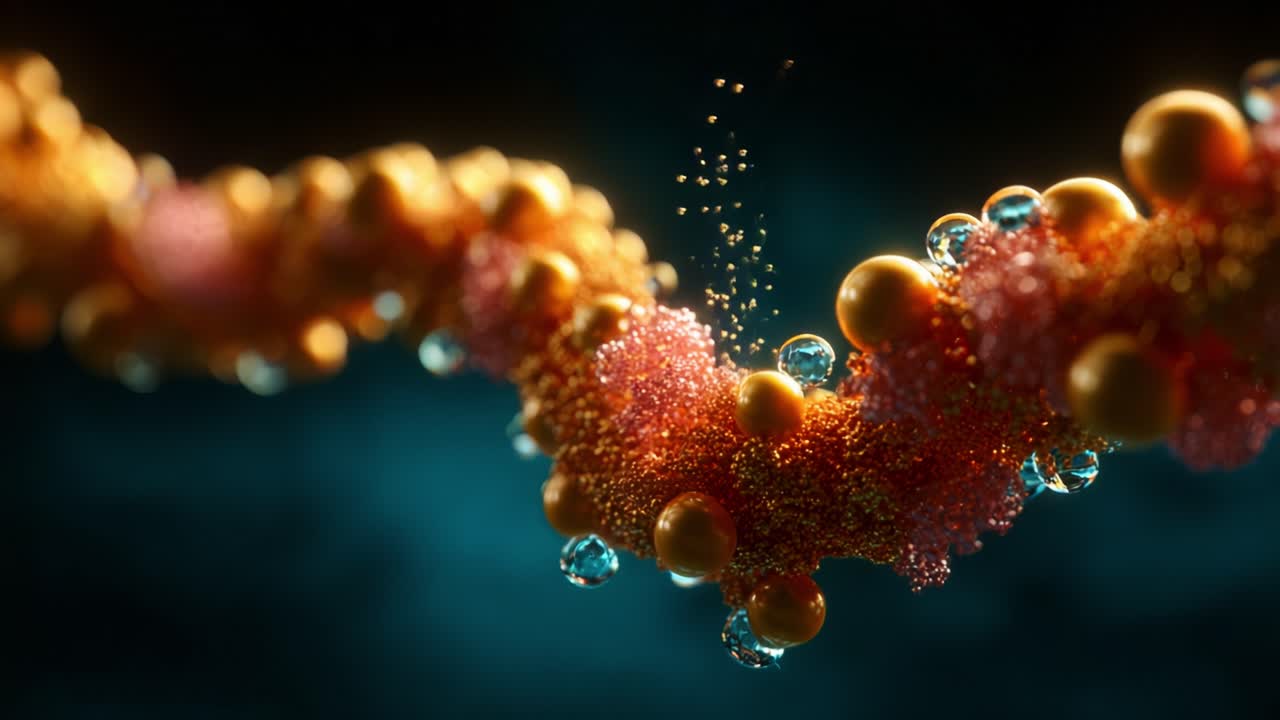 A Stunning Visualization of Molecular Structures Featuring Colorful Particles, Bubbles, and Textures Reflecting Various Biological Processes in a Dark Background