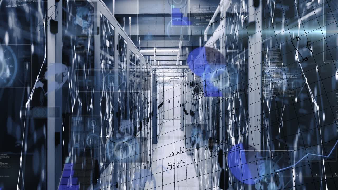 Animation of mathematical equations and screens of network of connections over server room