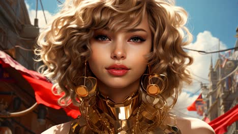 young woman in golden attire standing in a vibrant city market
