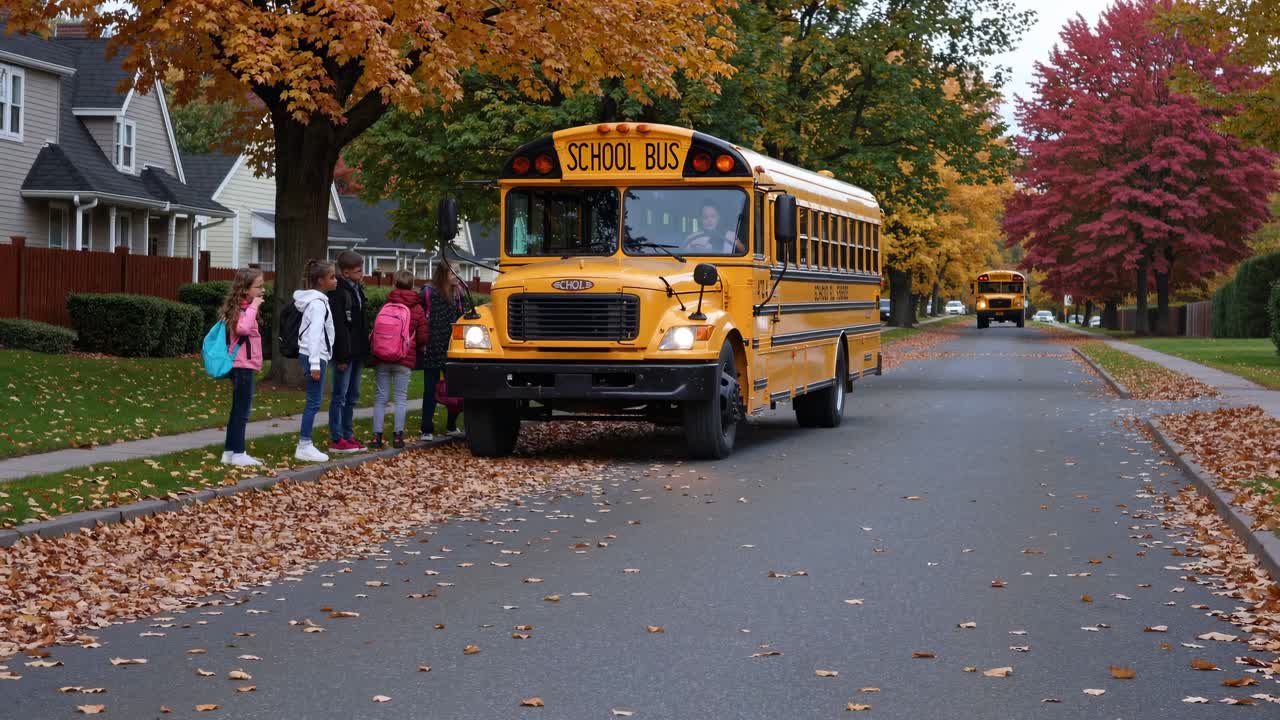 Un grandangolo cattura uno scuolabus in una strada suburbana in autunno