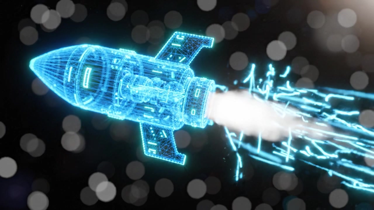 Futuristic rocket soaring through space, utilizing advanced technology and emitting powerful energy trails, exploring the vastness of the universe with innovative design.