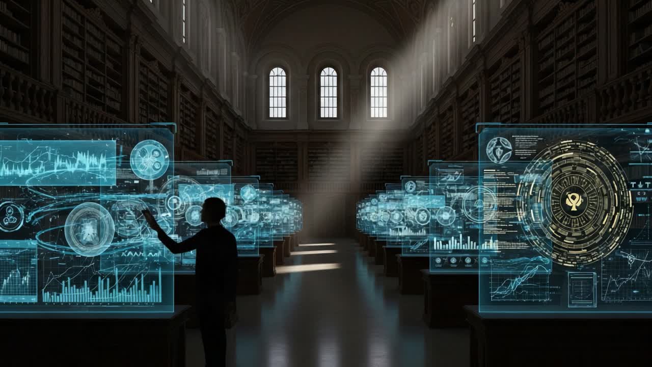 A Mysterious Encounter in a High-Tech Library: Exploring Data Visualization and Digital Interfaces Amidst Ancient Bookshelves and Virtual Displays