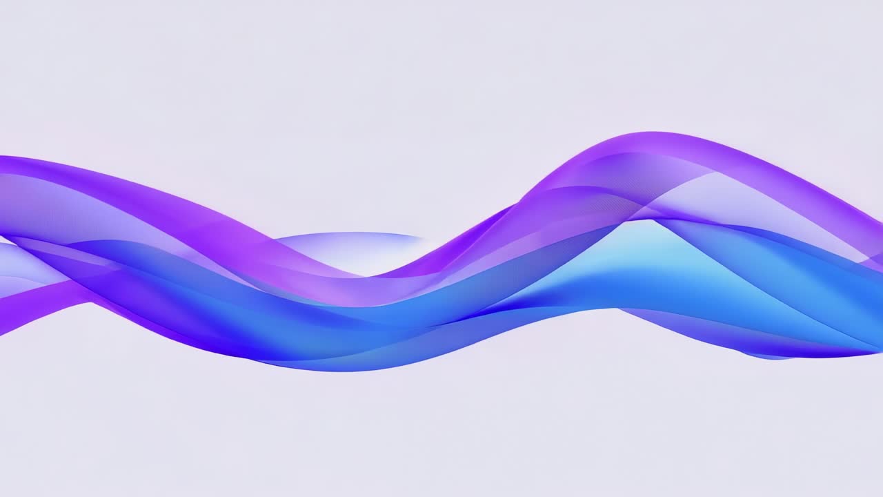 Animating layered purple blue ribbon waves moving and waving on pale backdrop at playback start