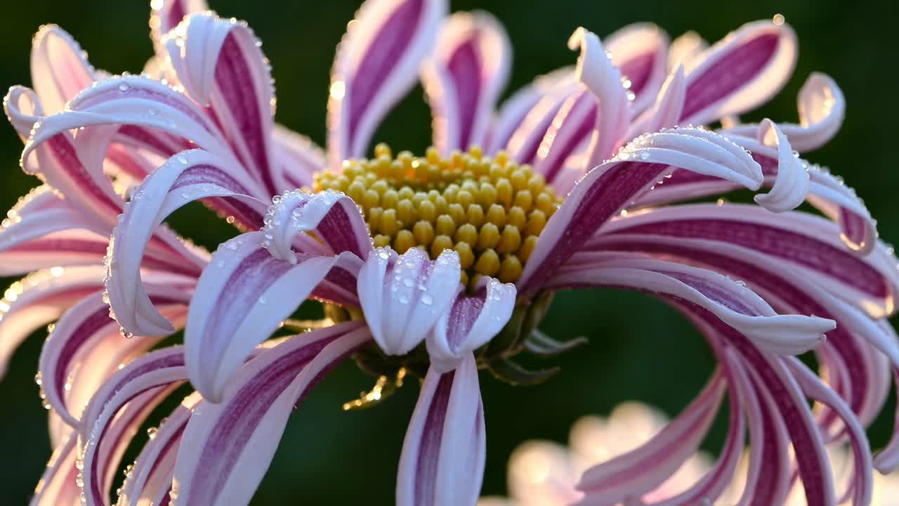 Close-up video of a dew-covered flower with pink petals and a yellow center, captured at a low
