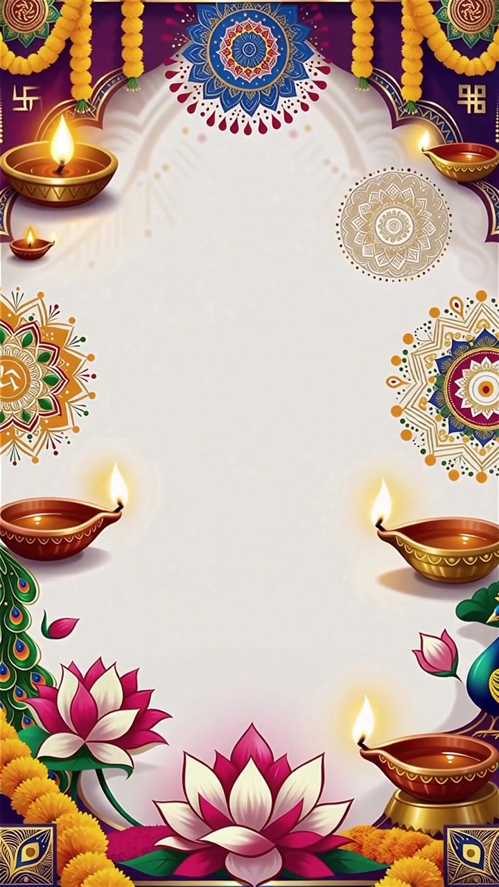 Sfondo Diwali con Diyas luminosi, Rangoli e fiori di loto