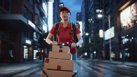 a delivery person in a red uniform travels through a city at night. she pushes a cart filled with boxes, showcasing perseverance and dedication to her job.