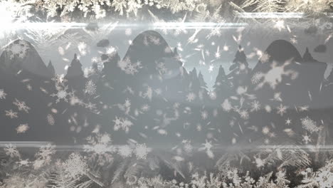 animation of christmas snow falling over christmas decorations on grey background