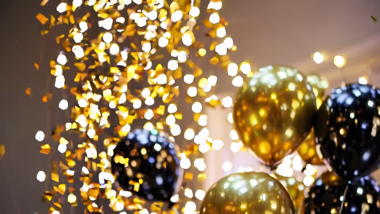 A festive video scene with gold and black balloons, captured from a low angle, with sparkling bokeh