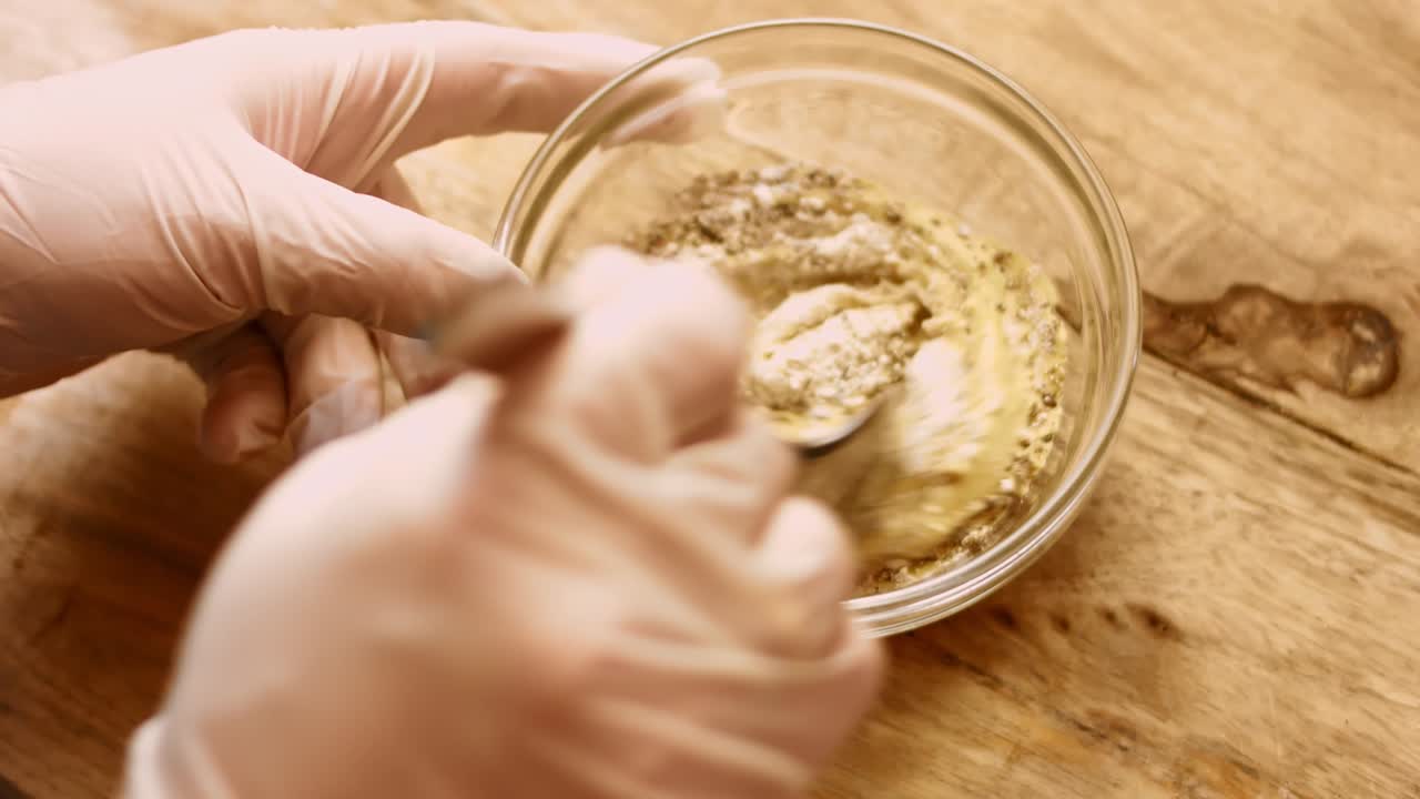 Mix the mixture of ingredients, black pepper, mustard and minced garlic. 4k cinematography video recipe