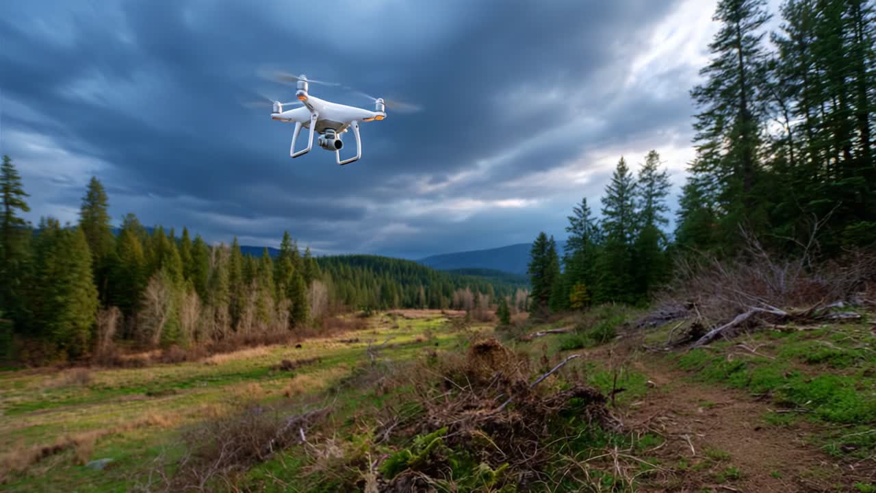 Luftfoto af en drone, der flyver over et frodigt skovlandskab under dramatiske, skyede himmelstrøg med grønne områder og vildt terræn nedenunder