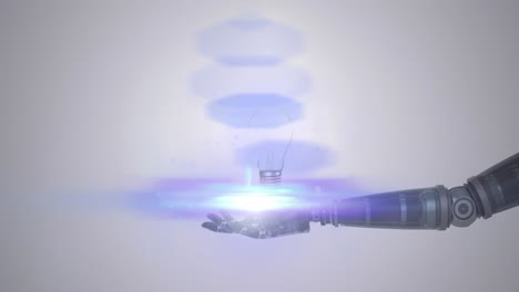 animación de una bombilla iluminada sobre la mano del brazo del robot, con luz en movimiento sobre un fondo gris
